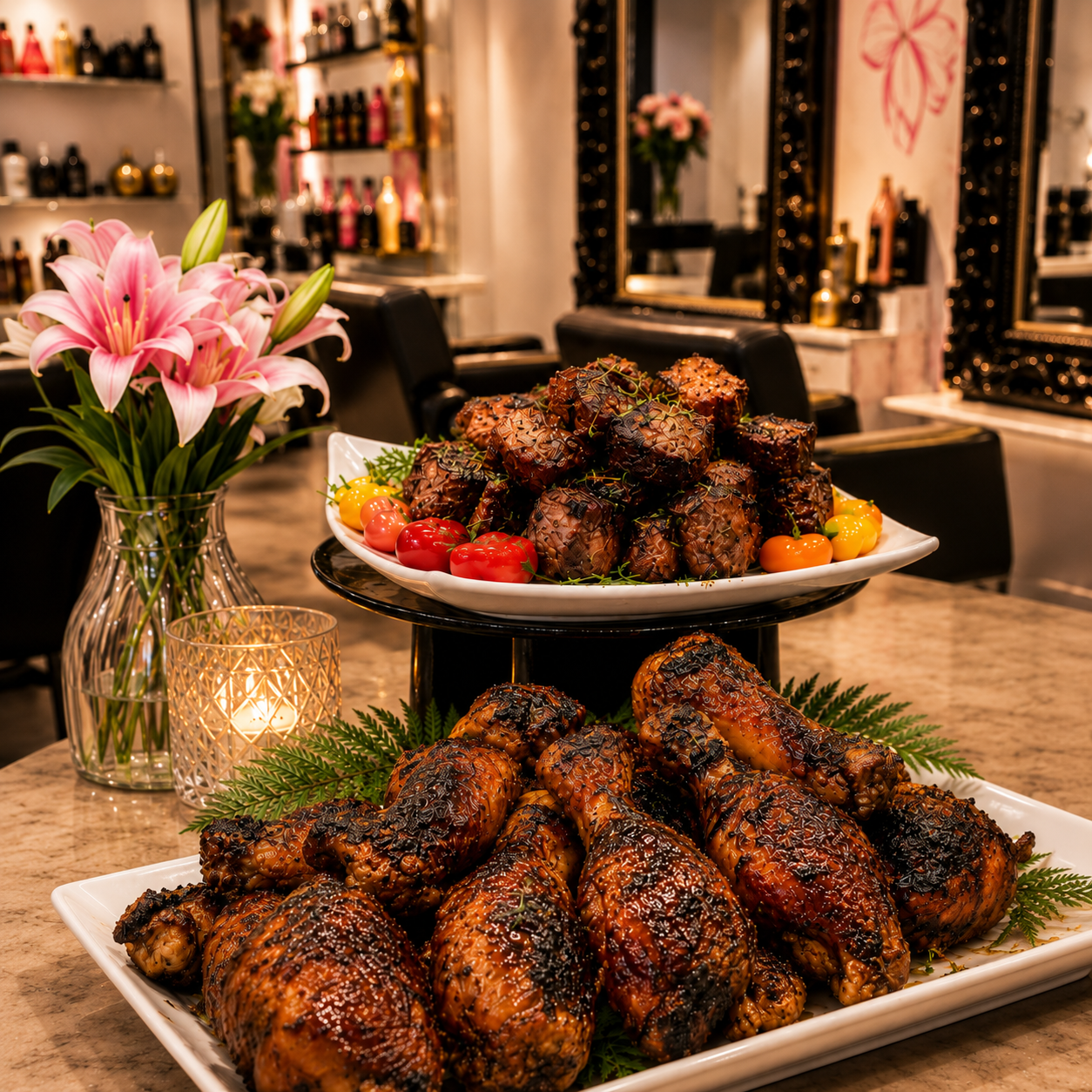 Jamaican jerk chicken and pork at MJ Hair Products